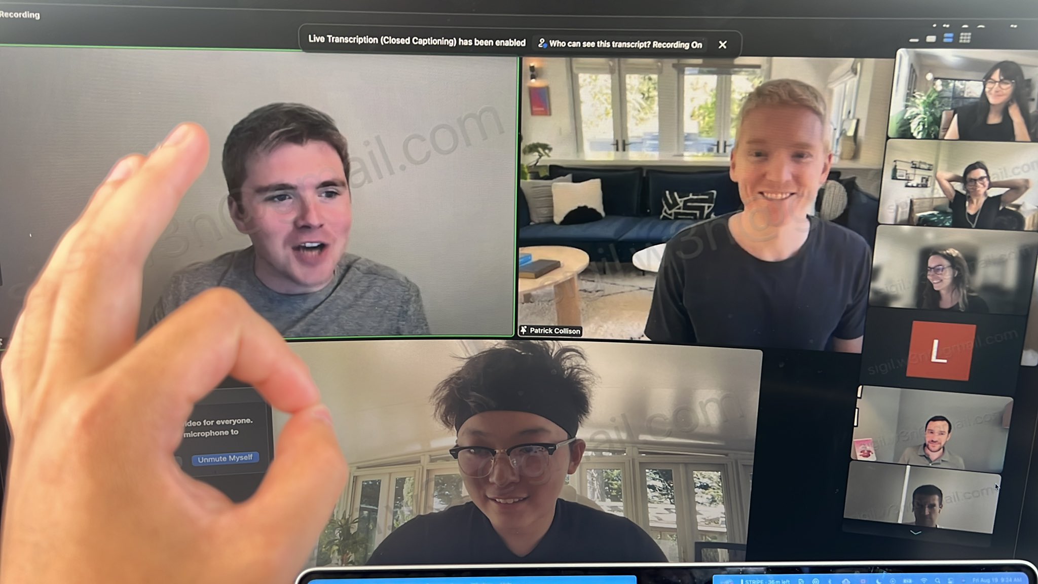 Sigil Wen being interviewed by Patrick and John Collison on a Stripe video call