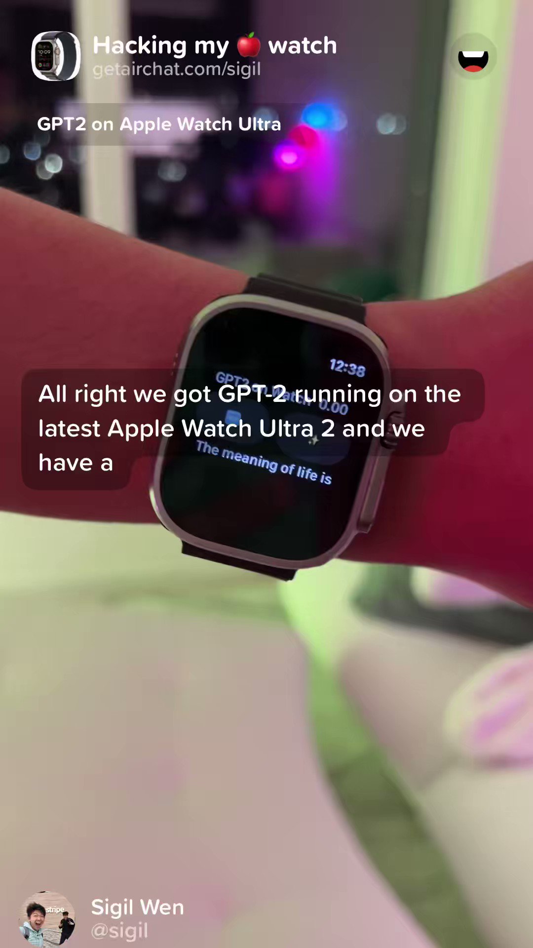 Video frame showing GPT-2 running locally on Sigil Wen’s Apple Watch Ultra