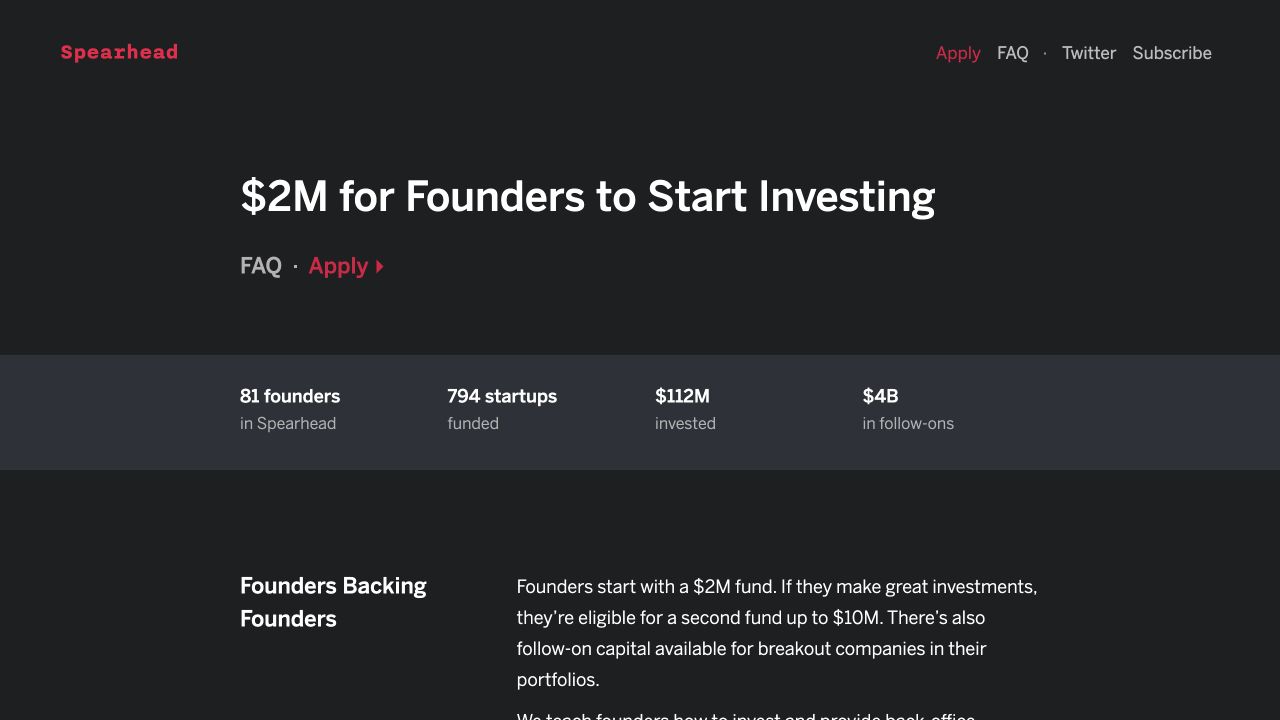 Spearhead: $2M for Founders to Start Investing